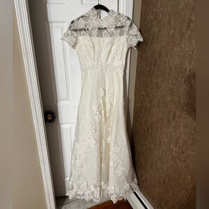 Alfred Angelo Cap Sleeve Vintage Floral Lace Wedding Dress White Beads 1930s Sm